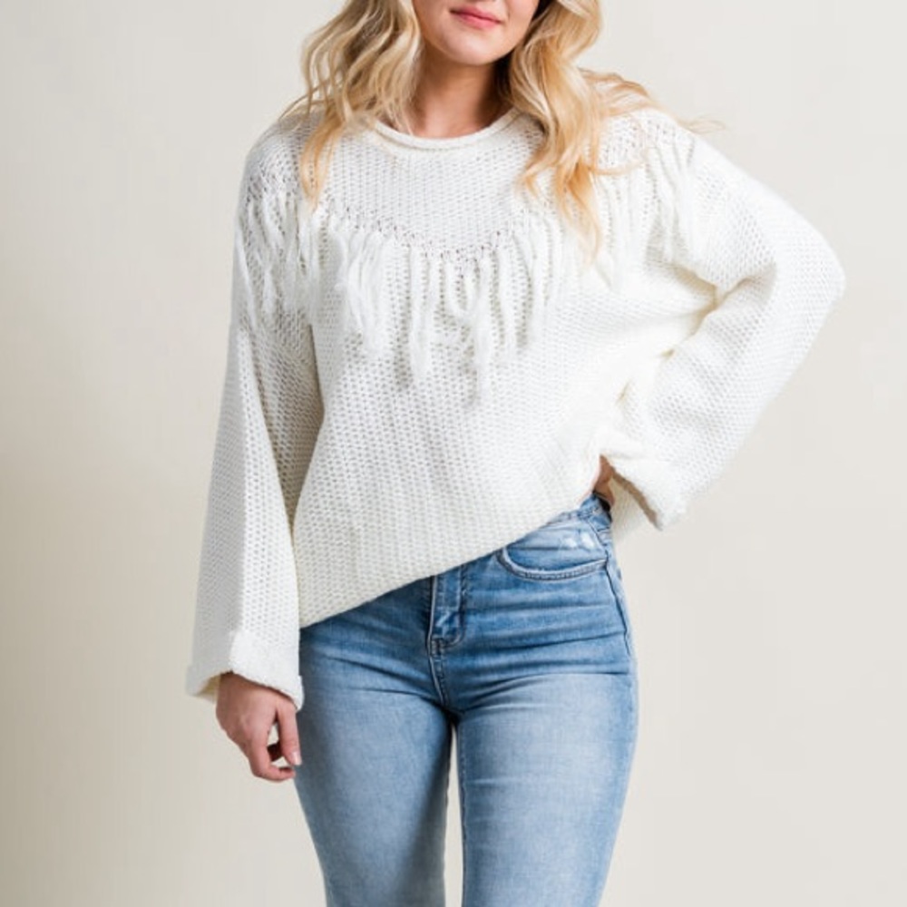 New White Fringe Drop Sweater